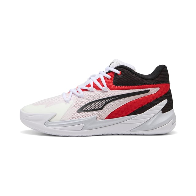 PRODUCT STORY: Stand out with fast, progressive design. Our latest innovation features a PROFOAM midsole for lightweight rebound, PUMA BITE outsole for traction, and dynamic lacing for a secure fit. Perfect for dominating outdoor courts with confidence and style. Get ready to win. FEATURES & BENEFITS: The upper of the shoes is made with at least 20% recycled materials; PUMA BITE: Durable outsole pattern that offers superior traction on the court; PROFOAM: Lightweight EVA designed to cushion your landing and propel your next step. DETAILS: Regular width; Dynamic lacing system with anchor points on the vamp and through the forefoot, for a more secure, sure-footed feel; External rubber wrap-up for lateral stability; PUMA Hoops Jaws branding; PUMA branding details.