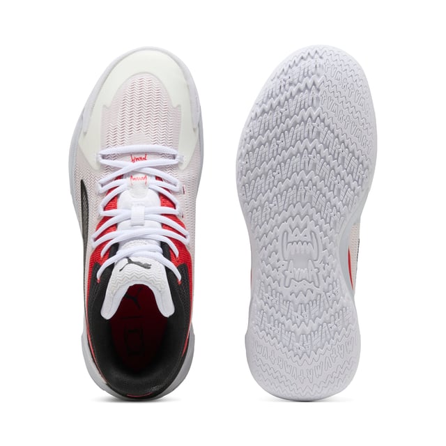 PRODUCT STORY: Stand out with fast, progressive design. Our latest innovation features a PROFOAM midsole for lightweight rebound, PUMA BITE outsole for traction, and dynamic lacing for a secure fit. Perfect for dominating outdoor courts with confidence and style. Get ready to win. FEATURES & BENEFITS: The upper of the shoes is made with at least 20% recycled materials; PUMA BITE: Durable outsole pattern that offers superior traction on the court; PROFOAM: Lightweight EVA designed to cushion your landing and propel your next step. DETAILS: Regular width; Dynamic lacing system with anchor points on the vamp and through the forefoot, for a more secure, sure-footed feel; External rubber wrap-up for lateral stability; PUMA Hoops Jaws branding; PUMA branding details.