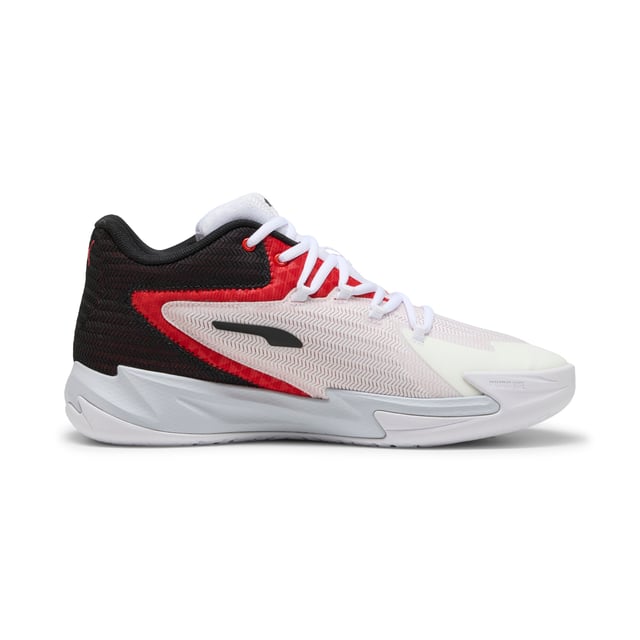 PRODUCT STORY: Stand out with fast, progressive design. Our latest innovation features a PROFOAM midsole for lightweight rebound, PUMA BITE outsole for traction, and dynamic lacing for a secure fit. Perfect for dominating outdoor courts with confidence and style. Get ready to win. FEATURES & BENEFITS: The upper of the shoes is made with at least 20% recycled materials; PUMA BITE: Durable outsole pattern that offers superior traction on the court; PROFOAM: Lightweight EVA designed to cushion your landing and propel your next step. DETAILS: Regular width; Dynamic lacing system with anchor points on the vamp and through the forefoot, for a more secure, sure-footed feel; External rubber wrap-up for lateral stability; PUMA Hoops Jaws branding; PUMA branding details.