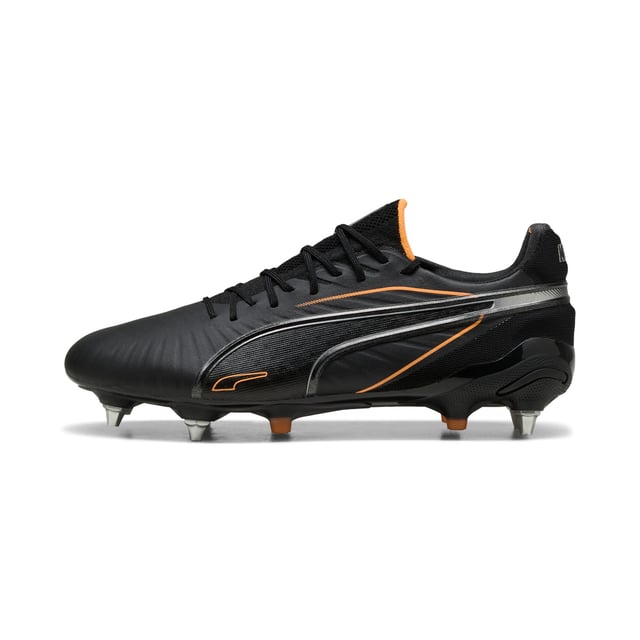 PRODUCT STORY: The rightful heir is here: glory to the new KING. Featuring a K-BETTERâ„¢ upper, GRIPCONTROL 3D structure, and NanoGrip technology, these boots offer unparalleled ball control and stability. Lightweight, with a sleek design, they're built for those who rule the pitch. Let everyone know: there's a new KING in town. FEATURES & BENEFITS: Made with at least 20% recycled materials; K-BETTER: Better without leather. Non-animal-based K-BETTERâ„¢ upper material for a new and improved take on the signature KING touch, comfort, and durability.; ORTHOLITEÂ®: memory foam padding in the heel for improved comfort; GRIPCONTROL 3D: rib structure on the medial side enhances ball control. DETAILS: Lightweight outsole with external heel counter, integrated stability spine, and conical metal screw-in studs for maximum maneuverability; Knitted low-cut slip-on construction ensures a comfortable fit; Lightweight removable sockliner with NanoGrip technology keeps the foot from slipping inside the boot; Regular fit; MxSG: Mixed/Soft Ground outsole.