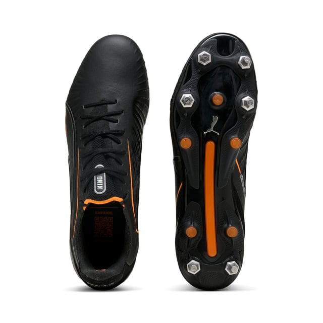 PRODUCT STORY: The rightful heir is here: glory to the new KING. Featuring a K-BETTERâ„¢ upper, GRIPCONTROL 3D structure, and NanoGrip technology, these boots offer unparalleled ball control and stability. Lightweight, with a sleek design, they're built for those who rule the pitch. Let everyone know: there's a new KING in town. FEATURES & BENEFITS: Made with at least 20% recycled materials; K-BETTER: Better without leather. Non-animal-based K-BETTERâ„¢ upper material for a new and improved take on the signature KING touch, comfort, and durability.; ORTHOLITEÂ®: memory foam padding in the heel for improved comfort; GRIPCONTROL 3D: rib structure on the medial side enhances ball control. DETAILS: Lightweight outsole with external heel counter, integrated stability spine, and conical metal screw-in studs for maximum maneuverability; Knitted low-cut slip-on construction ensures a comfortable fit; Lightweight removable sockliner with NanoGrip technology keeps the foot from slipping inside the boot; Regular fit; MxSG: Mixed/Soft Ground outsole.