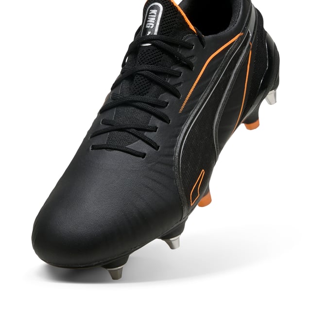 PRODUCT STORY: The rightful heir is here: glory to the new KING. Featuring a K-BETTERâ„¢ upper, GRIPCONTROL 3D structure, and NanoGrip technology, these boots offer unparalleled ball control and stability. Lightweight, with a sleek design, they're built for those who rule the pitch. Let everyone know: there's a new KING in town. FEATURES & BENEFITS: Made with at least 20% recycled materials; K-BETTER: Better without leather. Non-animal-based K-BETTERâ„¢ upper material for a new and improved take on the signature KING touch, comfort, and durability.; ORTHOLITEÂ®: memory foam padding in the heel for improved comfort; GRIPCONTROL 3D: rib structure on the medial side enhances ball control. DETAILS: Lightweight outsole with external heel counter, integrated stability spine, and conical metal screw-in studs for maximum maneuverability; Knitted low-cut slip-on construction ensures a comfortable fit; Lightweight removable sockliner with NanoGrip technology keeps the foot from slipping inside the boot; Regular fit; MxSG: Mixed/Soft Ground outsole.