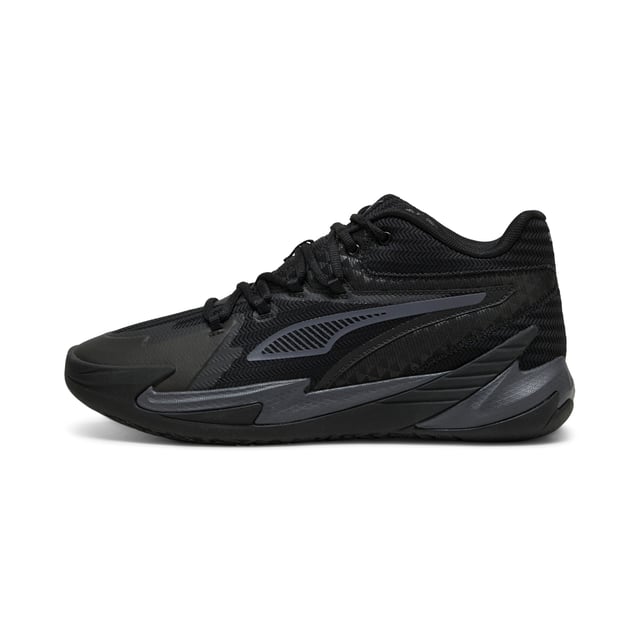 PRODUCT STORY: Stand out with fast, progressive design. Our latest innovation features a PROFOAM midsole for lightweight rebound, PUMA BITE outsole for traction, and dynamic lacing for a secure fit. Perfect for dominating outdoor courts with confidence and style. Get ready to win. FEATURES & BENEFITS: The upper of the shoes is made with at least 20% recycled materials; PUMA BITE: Durable outsole pattern that offers superior traction on the court; PROFOAM: Lightweight EVA designed to cushion your landing and propel your next step. DETAILS: Regular width; Dynamic lacing system with anchor points on the vamp and through the forefoot, for a more secure, sure-footed feel; External rubber wrap-up for lateral stability; PUMA Hoops Jaws branding; PUMA branding details.