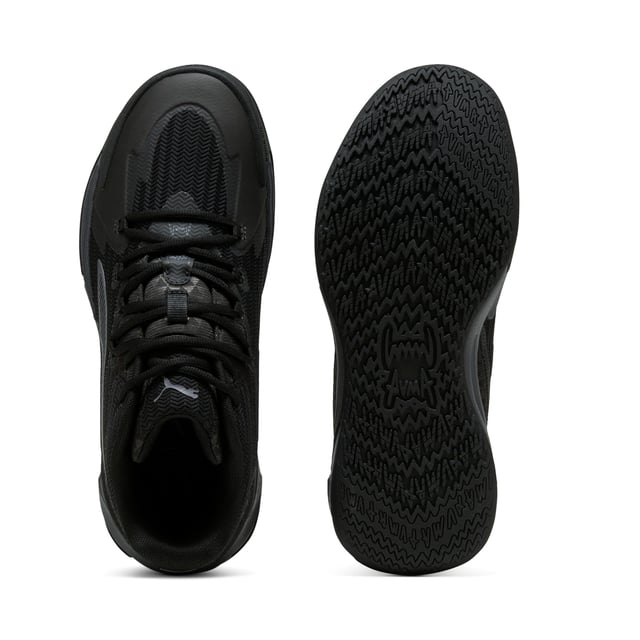 PRODUCT STORY: Stand out with fast, progressive design. Our latest innovation features a PROFOAM midsole for lightweight rebound, PUMA BITE outsole for traction, and dynamic lacing for a secure fit. Perfect for dominating outdoor courts with confidence and style. Get ready to win. FEATURES & BENEFITS: The upper of the shoes is made with at least 20% recycled materials; PUMA BITE: Durable outsole pattern that offers superior traction on the court; PROFOAM: Lightweight EVA designed to cushion your landing and propel your next step. DETAILS: Regular width; Dynamic lacing system with anchor points on the vamp and through the forefoot, for a more secure, sure-footed feel; External rubber wrap-up for lateral stability; PUMA Hoops Jaws branding; PUMA branding details.