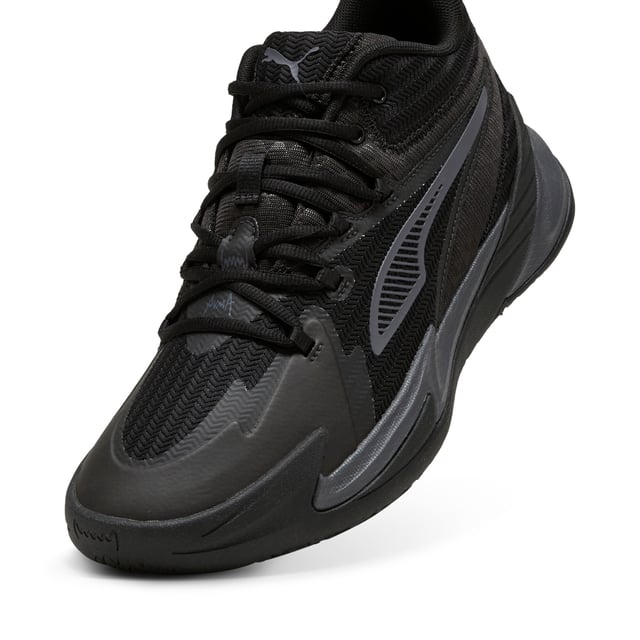 PRODUCT STORY: Stand out with fast, progressive design. Our latest innovation features a PROFOAM midsole for lightweight rebound, PUMA BITE outsole for traction, and dynamic lacing for a secure fit. Perfect for dominating outdoor courts with confidence and style. Get ready to win. FEATURES & BENEFITS: The upper of the shoes is made with at least 20% recycled materials; PUMA BITE: Durable outsole pattern that offers superior traction on the court; PROFOAM: Lightweight EVA designed to cushion your landing and propel your next step. DETAILS: Regular width; Dynamic lacing system with anchor points on the vamp and through the forefoot, for a more secure, sure-footed feel; External rubber wrap-up for lateral stability; PUMA Hoops Jaws branding; PUMA branding details.