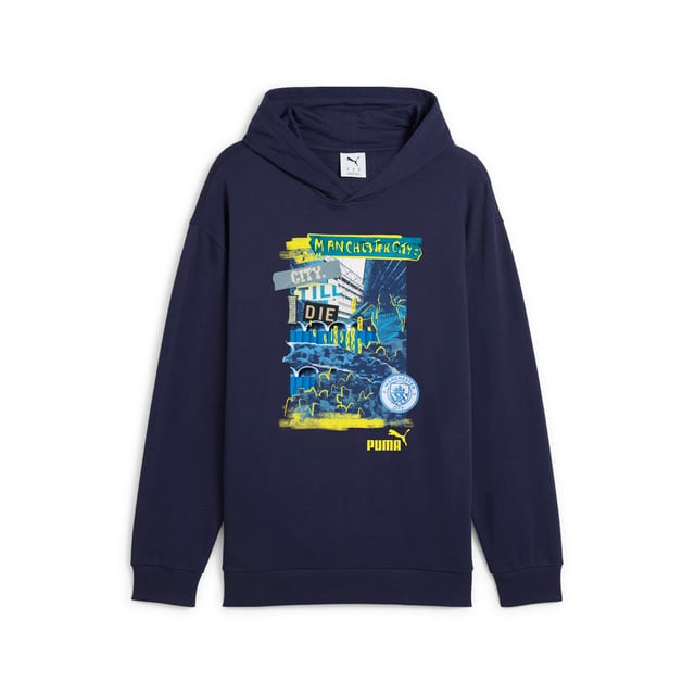 PRODUCT STORY: Rep your love for the Cityzens with this PUMA hoodie. Featuring bold graphics and the iconic Man City crest, it's perfect for cheering at the Etihad Stadium or hanging out with friends. Show your true colors and embrace the spirit of Manchester's best club. FEATURES & BENEFITS: Made with at least 20% recycled cotton. DETAILS: Relaxed fit; French Terry material; Regular length; Hood; Long sleeves; Manchester City graphic on the front; Manchester City badge and PUMA Cat logo on the front; Main Material 1: 46% cotton, 32% polyester, 22% cotton Recycled - french terry - 280.00 g/mÂ² - piece dyed - Chemical- Regular finishing.