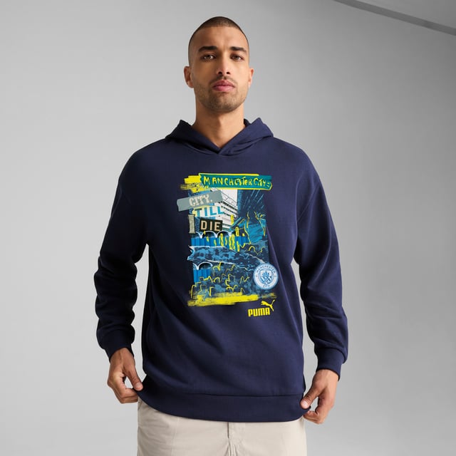 PRODUCT STORY: Rep your love for the Cityzens with this PUMA hoodie. Featuring bold graphics and the iconic Man City crest, it's perfect for cheering at the Etihad Stadium or hanging out with friends. Show your true colors and embrace the spirit of Manchester's best club. FEATURES & BENEFITS: Made with at least 20% recycled cotton. DETAILS: Relaxed fit; French Terry material; Regular length; Hood; Long sleeves; Manchester City graphic on the front; Manchester City badge and PUMA Cat logo on the front; Main Material 1: 46% cotton, 32% polyester, 22% cotton Recycled - french terry - 280.00 g/mÂ² - piece dyed - Chemical- Regular finishing.