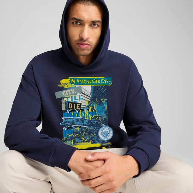 PRODUCT STORY: Rep your love for the Cityzens with this PUMA hoodie. Featuring bold graphics and the iconic Man City crest, it's perfect for cheering at the Etihad Stadium or hanging out with friends. Show your true colors and embrace the spirit of Manchester's best club. FEATURES & BENEFITS: Made with at least 20% recycled cotton. DETAILS: Relaxed fit; French Terry material; Regular length; Hood; Long sleeves; Manchester City graphic on the front; Manchester City badge and PUMA Cat logo on the front; Main Material 1: 46% cotton, 32% polyester, 22% cotton Recycled - french terry - 280.00 g/mÂ² - piece dyed - Chemical- Regular finishing.