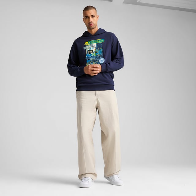 PRODUCT STORY: Rep your love for the Cityzens with this PUMA hoodie. Featuring bold graphics and the iconic Man City crest, it's perfect for cheering at the Etihad Stadium or hanging out with friends. Show your true colors and embrace the spirit of Manchester's best club. FEATURES & BENEFITS: Made with at least 20% recycled cotton. DETAILS: Relaxed fit; French Terry material; Regular length; Hood; Long sleeves; Manchester City graphic on the front; Manchester City badge and PUMA Cat logo on the front; Main Material 1: 46% cotton, 32% polyester, 22% cotton Recycled - french terry - 280.00 g/mÂ² - piece dyed - Chemical- Regular finishing.