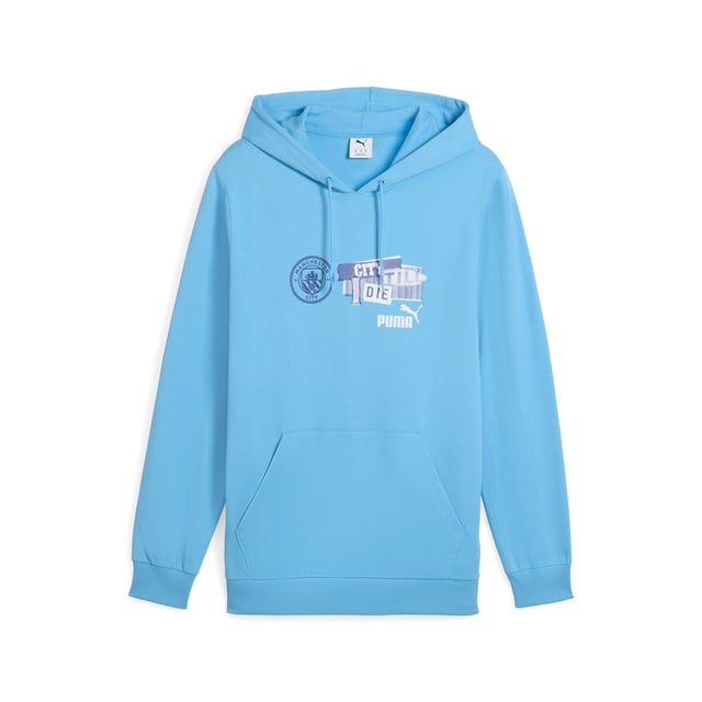 PRODUCT STORY: Dear Cityzens, show your pride with this PUMA hoodie. Featuring the iconic Man City badge and PUMA Cat Logo on the chest, elasticated waistband and cuffs, and crafted from soft French terry cotton. Perfect for repping your team at the Etihad Stadium. FEATURES & BENEFITS: Made with at least 20% recycled cotton. DETAILS: Regular fit; Baby terry material; Regular length; Hood; Kangaroo Pocket; Long sleeves; Manchester City crest and PUMA cat logo on the chest; Main Material 1: 78% cotton, 22% cotton Recycled - baby terry - 260.00 g/mÂ² - piece dyed - Chemical- Regular finishing.