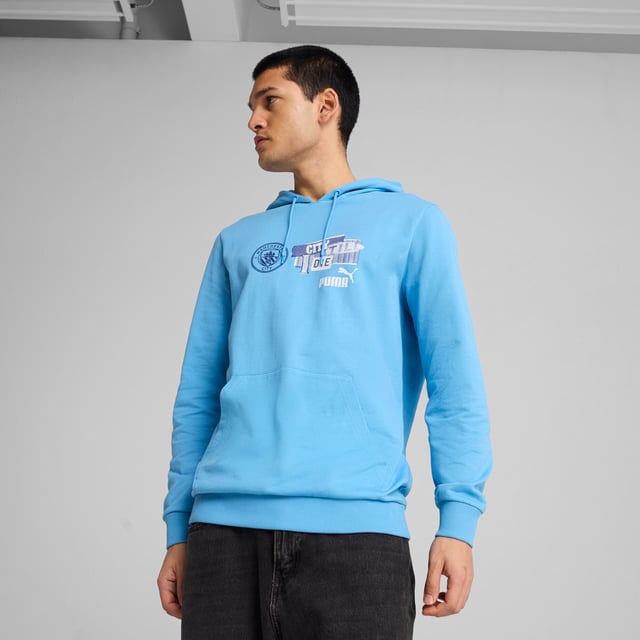 PRODUCT STORY: Dear Cityzens, show your pride with this PUMA hoodie. Featuring the iconic Man City badge and PUMA Cat Logo on the chest, elasticated waistband and cuffs, and crafted from soft French terry cotton. Perfect for repping your team at the Etihad Stadium. FEATURES & BENEFITS: Made with at least 20% recycled cotton. DETAILS: Regular fit; Baby terry material; Regular length; Hood; Kangaroo Pocket; Long sleeves; Manchester City crest and PUMA cat logo on the chest; Main Material 1: 78% cotton, 22% cotton Recycled - baby terry - 260.00 g/mÂ² - piece dyed - Chemical- Regular finishing.