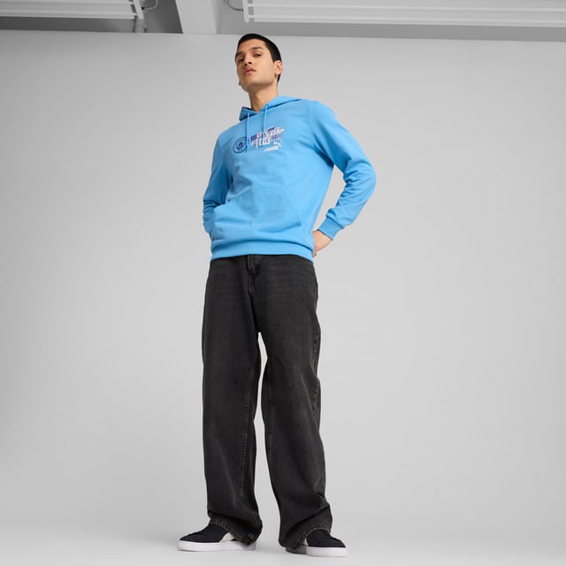 PRODUCT STORY: Dear Cityzens, show your pride with this PUMA hoodie. Featuring the iconic Man City badge and PUMA Cat Logo on the chest, elasticated waistband and cuffs, and crafted from soft French terry cotton. Perfect for repping your team at the Etihad Stadium. FEATURES & BENEFITS: Made with at least 20% recycled cotton. DETAILS: Regular fit; Baby terry material; Regular length; Hood; Kangaroo Pocket; Long sleeves; Manchester City crest and PUMA cat logo on the chest; Main Material 1: 78% cotton, 22% cotton Recycled - baby terry - 260.00 g/mÂ² - piece dyed - Chemical- Regular finishing.