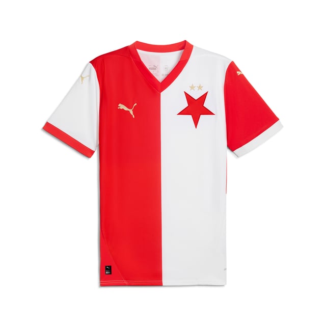 PUMA Mens SK Slavia Praha 24/25 Home Jersey PRODUCT STORY: Gear up and show your allegiance to SK Slavia Praha with the official 24/25 Home Jersey. Designed for performance, it features moisture-wicking dryCELL tech and strategically placed mesh inserts to keep you feeling cool and comfortable. FEATURES & BENEFITS: dryCELL: Performance technology designed to wick moisture from the body and keep you free of sweat during exercise; As part of the RE:FIBRE program, this garment is made of at least 95% recycled material from textile waste and other used materials. DETAILS: Regular fit; 170 gsm, Jacquard; Mesh inserts; Polo style neck; Short sleeves with flat-knit cuffs; Official team branding.