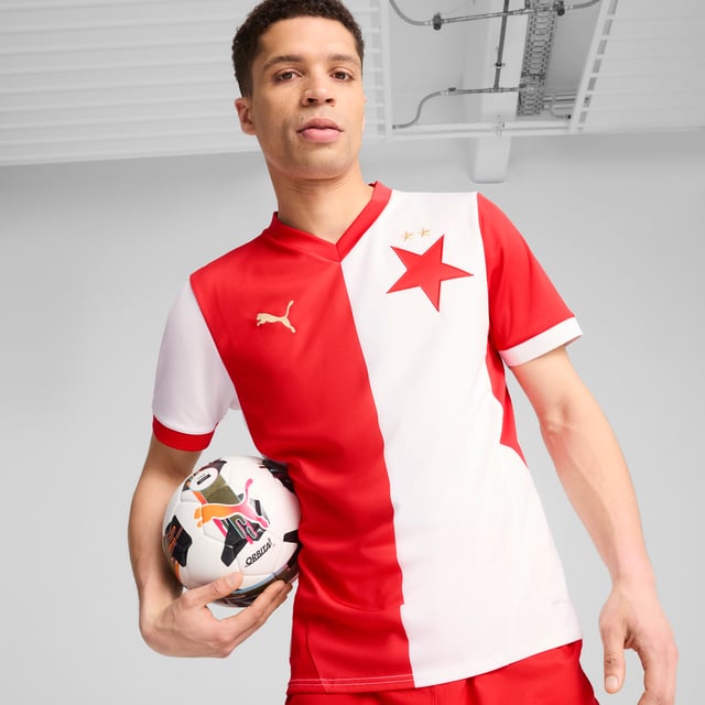 PUMA Mens SK Slavia Praha 24/25 Home Jersey PRODUCT STORY: Gear up and show your allegiance to SK Slavia Praha with the official 24/25 Home Jersey. Designed for performance, it features moisture-wicking dryCELL tech and strategically placed mesh inserts to keep you feeling cool and comfortable. FEATURES & BENEFITS: dryCELL: Performance technology designed to wick moisture from the body and keep you free of sweat during exercise; As part of the RE:FIBRE program, this garment is made of at least 95% recycled material from textile waste and other used materials. DETAILS: Regular fit; 170 gsm, Jacquard; Mesh inserts; Polo style neck; Short sleeves with flat-knit cuffs; Official team branding.