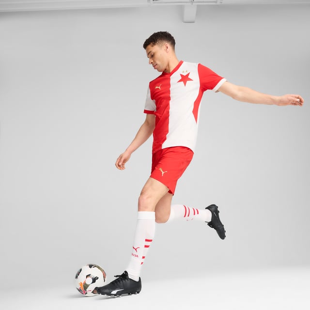PUMA Mens SK Slavia Praha 24/25 Home Jersey PRODUCT STORY: Gear up and show your allegiance to SK Slavia Praha with the official 24/25 Home Jersey. Designed for performance, it features moisture-wicking dryCELL tech and strategically placed mesh inserts to keep you feeling cool and comfortable. FEATURES & BENEFITS: dryCELL: Performance technology designed to wick moisture from the body and keep you free of sweat during exercise; As part of the RE:FIBRE program, this garment is made of at least 95% recycled material from textile waste and other used materials. DETAILS: Regular fit; 170 gsm, Jacquard; Mesh inserts; Polo style neck; Short sleeves with flat-knit cuffs; Official team branding.
