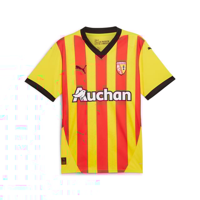 PRODUCT STORY: Gear up and show your allegiance to RC Lens with the official 24/25 Home jersey. It features our moisture-wicking dryCELL tech to keep you feeling cool and comfortable. FEATURES & BENEFITS: dryCELL: Performance technology designed to wick moisture from the body and keepyou free of sweat during exercise; As part of the RE:FIBRE program, this garment is made of at least 95% recycled material from textile waste and other used materials. DETAILS: Regular fit; 170 gsm, Jacquard; Crew neck; Short sleeves; Official team branding.