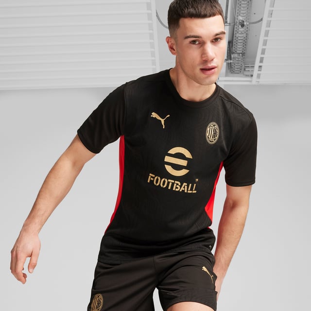PRODUCT STORY: Perform like the pros in this AC Milan training top. Built for action, it features strategic mesh panels and moisture-wicking dryCELL tech to keep you cool, comfortable and dry. The club crest on the chest lets you show your team pride. FEATURES & BENEFITS: dryCELL: Performance technology designed to wick moisture from the body and keep you free of sweat during exercise; Made with 100% recycled material excluding trims & decorations. DETAILS: Slim fit; 170 gsm, Jacquard; Mesh inserts; Crew neck; Short sleeves; Official team branding.