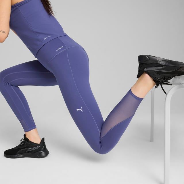 PRODUCT STORY: Conquer your workout with ultra-soft 7/8 length tights, featuring CLOUDSPUN fabric for unmatched softness and dryCELL for moisture control. Mesh inserts add flair, while a hidden waistband pocket keeps your valuables safe. Sculpting design lines ensure a flattering fit. FEATURES & BENEFITS: Made with at least 50% recycled materials; dryCELL: Performance technology designed to wick moisture from the body and keep you free of sweat during exercise; CLOUDSPUN: Custom-milled performance poly/spandex blend, this fabric meets the highest performance standards while still feeling like an ultra soft cotton. DETAILS: Tight fit; Interlock fabric; 7/8 length; High rise; PUMA branding details.