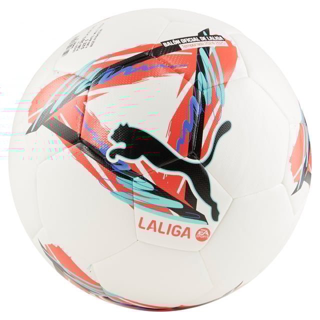 PUMA Unisex Orbita LaLiga 1 Hybrid Football PRODUCT STORY: Smash training goals with the Orbita La Liga 1 Hybrid. This football features a hybrid, seamless construction for improved durability and great shape while the PU outer with foam backing ensures a soft-touch and excellent flight characteristics. DETAILS: Hybrid construction with no visible seams for improved durability, increased consistency of shape and reduced water absorption; 32 panels with equal surface area: aids shape retention; 0,8mm PU outer with multi foam backing for a soft touch, power and excellent flight characteristics; Rubber bladder + PAL (Puma Air Lock) valve for excellent air retention; Official team branding; PU 25%, EVA 20%, Polyester 7%, Rubber Bladder 48%.