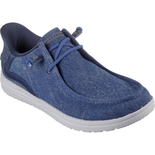 Skechers Melson Coronado Textile Men's Denim Moccasins Shoes Simply step in and go wearing Skechers Hands Free Slip-ins Relaxed Fit: Melson - Coronado. Designed with our exclusive Heel Pillow, this moc toe style features a Skechers Slip-ins moulded heel panel and a charcoal-infused Memory Foam insole.