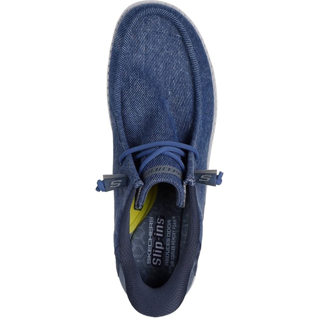 Skechers Melson Coronado Textile Men's Denim Moccasins Shoes Simply step in and go wearing Skechers Hands Free Slip-ins Relaxed Fit: Melson - Coronado. Designed with our exclusive Heel Pillow, this moc toe style features a Skechers Slip-ins moulded heel panel and a charcoal-infused Memory Foam insole.