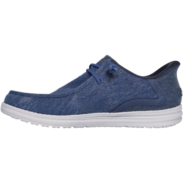 Skechers Melson Coronado Textile Men's Denim Moccasins Shoes Simply step in and go wearing Skechers Hands Free Slip-ins Relaxed Fit: Melson - Coronado. Designed with our exclusive Heel Pillow, this moc toe style features a Skechers Slip-ins moulded heel panel and a charcoal-infused Memory Foam insole.