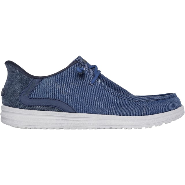 Skechers Melson Coronado Textile Men's Denim Moccasins Shoes Simply step in and go wearing Skechers Hands Free Slip-ins Relaxed Fit: Melson - Coronado. Designed with our exclusive Heel Pillow, this moc toe style features a Skechers Slip-ins moulded heel panel and a charcoal-infused Memory Foam insole.