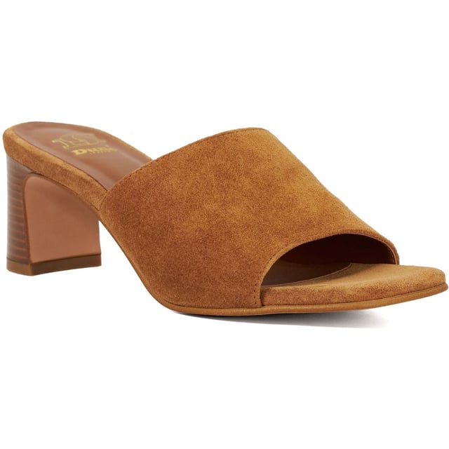 Dune Jule Suede Women's Tan Sandals Slip on Jule a pair of minimalist yet striking mules made from premium fabrics and set on a mid heel. The perfect finishing touch for any outfit whether paired with jeans or dresses they bring a bold retro-inspired edge to your look