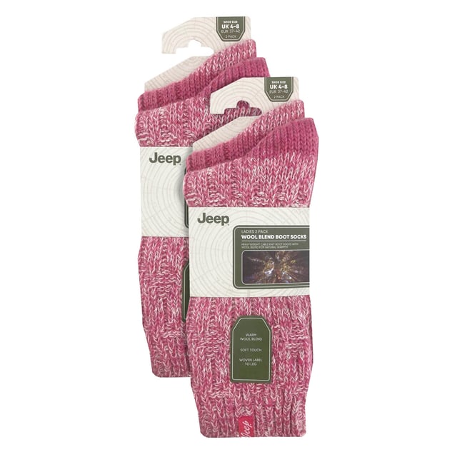 Ladies 4 Pack Wool Boot Socks | Rope Knit Boot Socks for the Outdoors Jeep Ladies 4 Pack Wool Boot Socks: Introducing the Jeep Wool Rope Knit Boot Socks, a perfect blend of comfort and style for your outdoor adventures. This twin pack features two pairs of socks in contrasting colors and knit patterns, made from a cozy and colorful blend of 58% Polyester, 26% Wool, 7% Acrylic, 4% Viscose, 4% Polyamide, and 1% Elastane. Designed with standard toe seams and cuffs, these ankle-length boot socks offer a regular thickness for all-day wear. The heavy gauge and soft wool blend provide natural warmth and breathability, ensuring a snug and pleasant experience. Whether you're out exploring or relaxing by the fire, these durable and machine-washable socks have got you covered. With the iconic Jeep tab detail on the cuffs, these ladies' boot socks not only keep you warm but also add a touch of style to your favorite outdoor attire. Treat yourself to the comfort and quality of Jeep Wool Rope Knit Boot Socks and make them your go-to companions for any outdoor excursion. Extra Product Details: Jeep Wool Rope Knit Boot Socks - Comfort and style for outdoor adventures. Twin pack with contrasting colors and cozy knit patterns. 58% Polyester, 26% Wool, 7% Acrylic, 4% Viscose, 4% Polyamide, 1% Elastane blend. Standard toe seams, cuffs, ankle-length, and regular thickness for all-day wear. Natural warmth and breathability from the soft wool blend. Durable, machine-washable, and long-lasting. Iconic Jeep tab detail adds style to outdoor attire. Your go-to companions for any outdoor excursion.