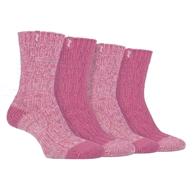 Ladies 4 Pack Wool Boot Socks | Rope Knit Boot Socks for the Outdoors Jeep Ladies 4 Pack Wool Boot Socks: Introducing the Jeep Wool Rope Knit Boot Socks, a perfect blend of comfort and style for your outdoor adventures. This twin pack features two pairs of socks in contrasting colors and knit patterns, made from a cozy and colorful blend of 58% Polyester, 26% Wool, 7% Acrylic, 4% Viscose, 4% Polyamide, and 1% Elastane. Designed with standard toe seams and cuffs, these ankle-length boot socks offer a regular thickness for all-day wear. The heavy gauge and soft wool blend provide natural warmth and breathability, ensuring a snug and pleasant experience. Whether you're out exploring or relaxing by the fire, these durable and machine-washable socks have got you covered. With the iconic Jeep tab detail on the cuffs, these ladies' boot socks not only keep you warm but also add a touch of style to your favorite outdoor attire. Treat yourself to the comfort and quality of Jeep Wool Rope Knit Boot Socks and make them your go-to companions for any outdoor excursion. Extra Product Details: Jeep Wool Rope Knit Boot Socks - Comfort and style for outdoor adventures. Twin pack with contrasting colors and cozy knit patterns. 58% Polyester, 26% Wool, 7% Acrylic, 4% Viscose, 4% Polyamide, 1% Elastane blend. Standard toe seams, cuffs, ankle-length, and regular thickness for all-day wear. Natural warmth and breathability from the soft wool blend. Durable, machine-washable, and long-lasting. Iconic Jeep tab detail adds style to outdoor attire. Your go-to companions for any outdoor excursion.