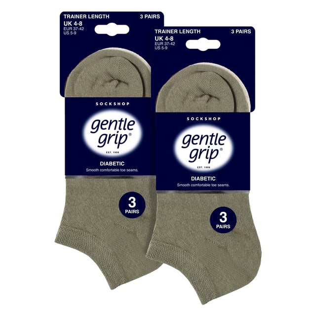 Gentle Grip - Ladies 6 Pack Diabetic Trainer Socks: Discover the ultimate solution for diabetic foot care with Gentle Grip's specially crafted diabetic socks for women. Engineered by technical experts, these Gentle Grip Diabetic Trainer socks offer a tailored approach to diabetic foot health with a low cut trainer length, perfect for the Spring & Summer seasons. Experience unparalleled comfort with these luxuriously soft cotton-rich socks, meticulously designed to securely hold ankles without elastication, eliminating the tightness that can pose problems for those with circulatory issues. Featuring hand-linked toes for smooth seams, these socks prioritise comfort for diabetics, preventing irritation and soreness. . The specially shaped and woven Honeycomb Tops effortlessly conform to the contours of your ankle, eliminating uncomfortable constriction rings, crucial for diabetic individuals. Trust in Gentle Grip's commitment to comfort and quality, ensuring your feet receive the care they deserve. These socks come in 6 pair packs and are available in 6 different options. They are made from: 77% Cotton, 15% Polyester, 1% Elastane. They come in Ladies One Size 4-8 UK and are Machine Washable. Extra Product Details: Gentle Grip Diabetic Trainer Socks  NON ELASTIC Ankle Top Smooth Toe Seam HoneyComb Top Hand Linked Toe Seam Soft Touch Cotton Designed For Diabetes Ideal for Large or Swollen Legs