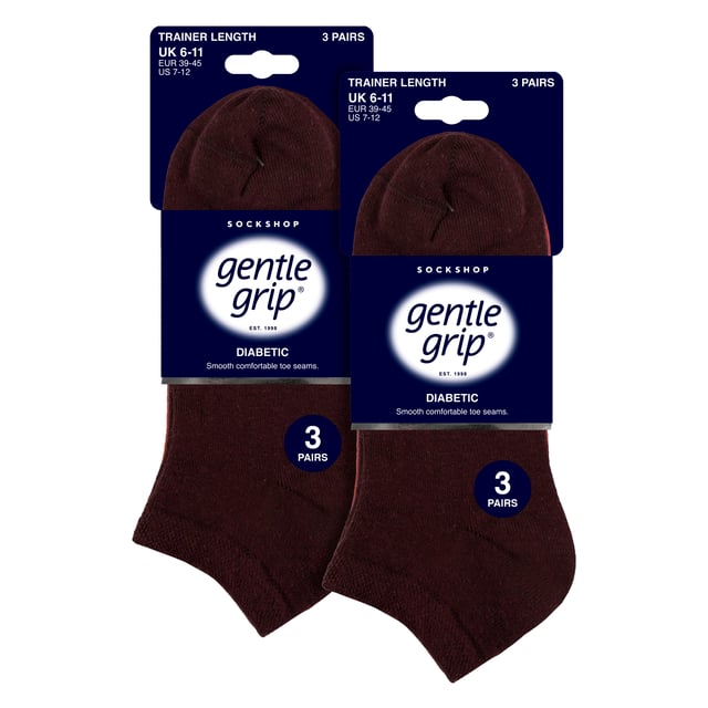 Gentle Grip - Men’s 6 Pack Diabetic Trainer Socks: Discover the ultimate solution for diabetic foot care with Gentle Grip's specially crafted diabetic socks for women. Engineered by technical experts, these Gentle Grip Diabetic Trainer socks offer a tailored approach to diabetic foot health with a low cut trainer length, perfect for the Spring & Summer seasons. Experience unparalleled comfort with these luxuriously soft cotton-rich socks, meticulously designed to securely hold ankles without elastication, eliminating the tightness that can pose problems for those with circulatory issues. Featuring hand-linked toes for smooth seams, these socks prioritise comfort for diabetics, preventing irritation and soreness. The specially shaped and woven Honeycomb Tops effortlessly conform to the contours of your ankle, eliminating uncomfortable constriction rings, crucial for diabetic individuals. Trust in Gentle Grip's commitment to comfort and quality, ensuring your feet receive the care they deserve. These socks come in 6 pair packs and are available in 5 different options. They are made from: 77% Cotton, 15% Polyester, 1% Elastane. They come in 2 Men’s Sizes: 6-11 UK, 12-14 UK and are Machine Washable. Extra Product Details: Gentle Grip Diabetic Trainer Socks  NON ELASTIC Ankle Top Smooth Toe Seam HoneyComb Top Hand Linked Toe Seam Soft Touch Cotton Designed For Diabetes Ideal for Large or Swollen Legs