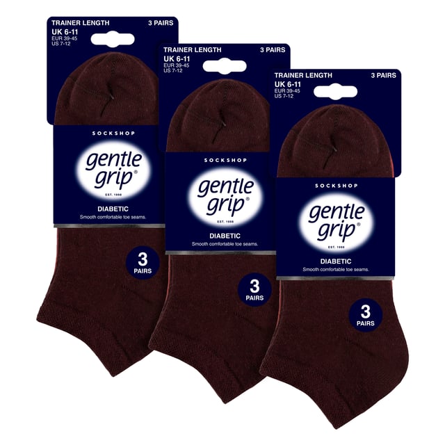 Gentle Grip - Men’s 9 Pair Multipack Diabetic Trainer Socks: Discover the ultimate solution for diabetic foot care with Gentle Grip's specially crafted diabetic socks for women. Engineered by technical experts, these Gentle Grip Diabetic Trainer socks offer a tailored approach to diabetic foot health with a low cut trainer length, perfect for the Spring & Summer seasons. Experience unparalleled comfort with these luxuriously soft cotton-rich socks, meticulously designed to securely hold ankles without elastication, eliminating the tightness that can pose problems for those with circulatory issues. Featuring hand-linked toes for smooth seams, these socks prioritise comfort for diabetics, preventing irritation and soreness. Choose these lightweight Gentle Grip diabetic trainer socks to care for your legs every day. These socks come in 9 pair packs and are available in 5 different options. They are made from: 77% Cotton, 15% Polyester, 1% Elastane. They come in 2 Men’s Sizes: 6-11 UK, 12-14 UK and are Machine Washable. Extra Product Details: Gentle Grip Diabetic Trainer Socks 9 Pack Diabetic Trainer Socks  NON ELASTIC Ankle Top Smooth Toe Seam HoneyComb Top Hand Linked Toe Seam