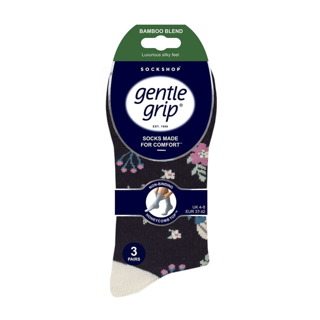 Gentle Grip  NON ELASTIC Bamboo Socks: If comfort is your sole goal when searching for a pair of socks, then consider these pair of Gentle Grip  NON ELASTIC bamboo socks to be the one of the best. Bamboo is credited as the modern ‘super fibre’, Gentle Grip is an esteemed sock brand focusing solely on comfort and a  NON ELASTIC technique is highly recommended to reduce pressure in the foot… everything seems to be right about this sock. Why Bamboo is great: Bamboo is commonly known to be an awesome material. Here are 3 reasons why bamboo is the best. Moisture wicking – Bamboo fibres naturally control temperatures, so a brilliant fibre knitted into socks. Gentle Grip – Non Elastic Honeycomb Top: With a specially designed HoneyComb Top, soft Gentle Grip socks are made more comfortable for all wearers, but particularly if you struggle with circulatory problems. Combining a natural bamboo blend and  NON ELASTIC honeycomb top gentle grip socks into one package could be the perfect pair of socks for your feet if comfort is your main goal. Extra Product Details: * 6 pair pack, Bamboo socks,  NON ELASTIC, Honeycomb top, Strengthened heel and toe, 5 designs to choose between, 77% Viscose Bamboo 17% Polyester and 1% elastane, Size 4-8 uk 37-42 eur 5-8 us, Machine washable