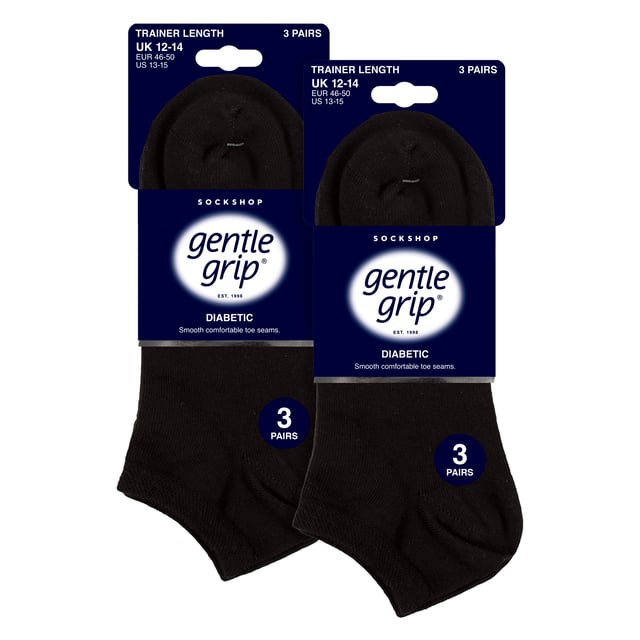 Gentle Grip - Men’s 6 Pack Diabetic Trainer Socks: Discover the ultimate solution for diabetic foot care with Gentle Grip's specially crafted diabetic socks for women. Engineered by technical experts, these Gentle Grip Diabetic Trainer socks offer a tailored approach to diabetic foot health with a low cut trainer length, perfect for the Spring & Summer seasons. Experience unparalleled comfort with these luxuriously soft cotton-rich socks, meticulously designed to securely hold ankles without elastication, eliminating the tightness that can pose problems for those with circulatory issues. Featuring hand-linked toes for smooth seams, these socks prioritise comfort for diabetics, preventing irritation and soreness. The specially shaped and woven Honeycomb Tops effortlessly conform to the contours of your ankle, eliminating uncomfortable constriction rings, crucial for diabetic individuals. Trust in Gentle Grip's commitment to comfort and quality, ensuring your feet receive the care they deserve. These socks come in 6 pair packs and are available in 5 different options. They are made from: 77% Cotton, 15% Polyester, 1% Elastane. They come in 2 Men’s Sizes: 6-11 UK, 12-14 UK and are Machine Washable. Extra Product Details: Gentle Grip Diabetic Trainer Socks  NON ELASTIC Ankle Top Smooth Toe Seam HoneyComb Top Hand Linked Toe Seam Soft Touch Cotton Designed For Diabetes Ideal for Large or Swollen Legs