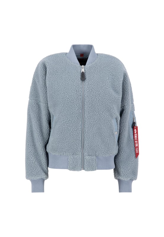 This is the MA-1 VF Teddy bomber jacket from Alpha Industries. The high-gloss zippers and oversized fit are both stylish and comfortable, while the sleeve pocket adds a practical element.