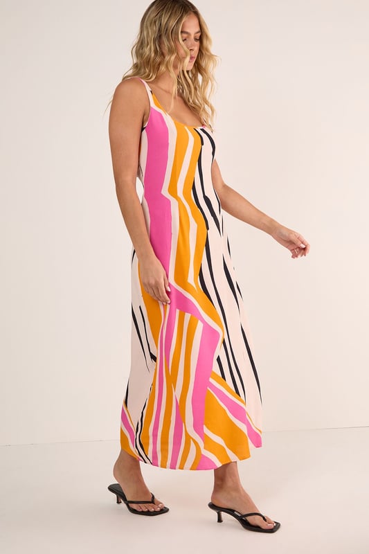 Striking abstract painted stripe pattern for a bold statement piece
        Flattering scoop neckline that frames the dcolletage beautifully
        Flowing maxi length with a relaxed silhouette for effortless movement
        Lightweight viscose Morrocain fabric that drapes elegantly against the body
        Versatile sleeveless design with thin straps perfect for warmer weather
    
    Make a splash at your next daytime gathering in this eye-catching Abstract Painted Stripe Scoop Neck Maxi Dress from Nasty Gal. The artistic stripe pattern creates visual interest whilst the fluid viscose Morrocain fabric ensures a comfortable fit that moves gracefully with every step. Style with simple flip flops as seen on our model for casual brunches, or dress it up with strappy sandals and a denim jacket for family barbecues. The versatile scoop neckline works brilliantly with delicate layered necklaces, while the maxi length offers a relaxed yet put-together look. This dress transitions seamlessly from weekend shopping trips to alfresco dining, making it an essential addition to your warm-weather wardrobe that will turn heads for all the right reasons.