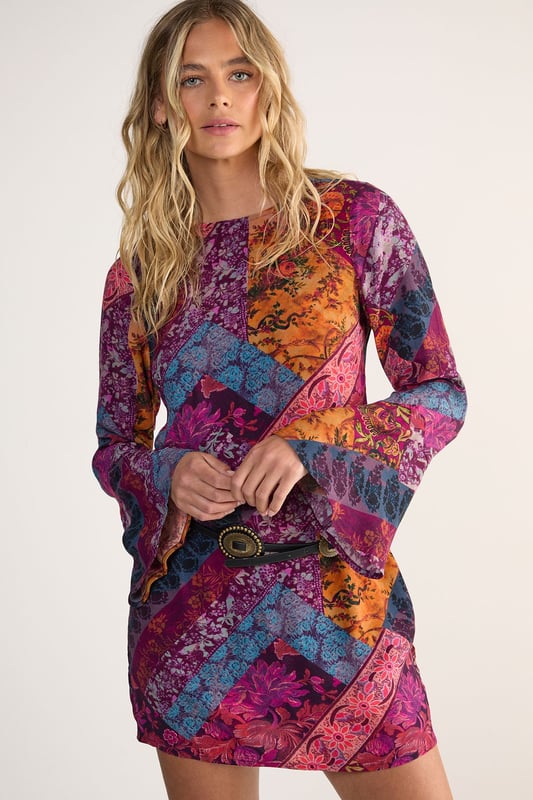 Floral Patchwork Tie Back Fluted Sleeve Mini Tunic Dress