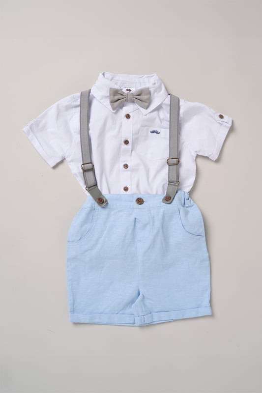 Dress your little one to impress with this delightful set from Little Gent. Featuring a shirt, bowtie, and shorts with attached braces. Perfect for special occasions or stylish outings, your little one will look effortlessly dapper and be ready to steal the spotlight!