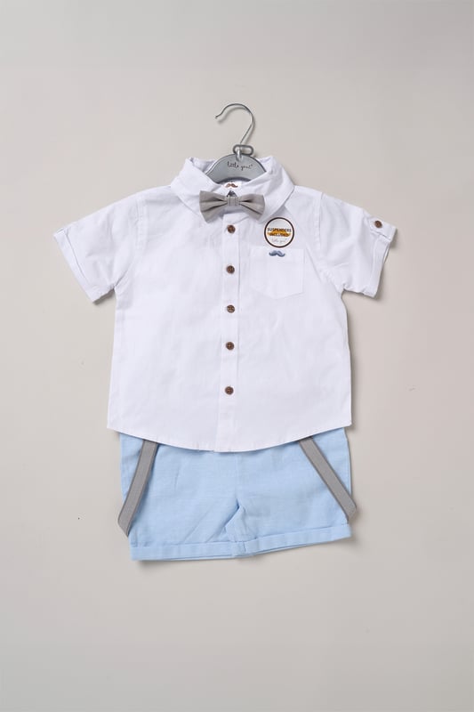 Dress your little one to impress with this delightful set from Little Gent. Featuring a shirt, bowtie, and shorts with attached braces. Perfect for special occasions or stylish outings, your little one will look effortlessly dapper and be ready to steal the spotlight!