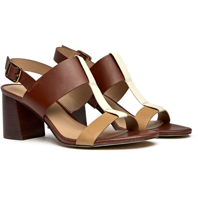 Womens tan Cole Haan josie t-strap sandals, manufactured with leather and a synthetic sole. Featuring: heel height 7cm, buckle closure, cushioned insole and wood veneer edged sole.