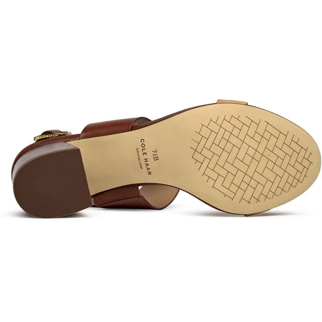 Womens tan Cole Haan josie t-strap sandals, manufactured with leather and a synthetic sole. Featuring: heel height 7cm, buckle closure, cushioned insole and wood veneer edged sole.