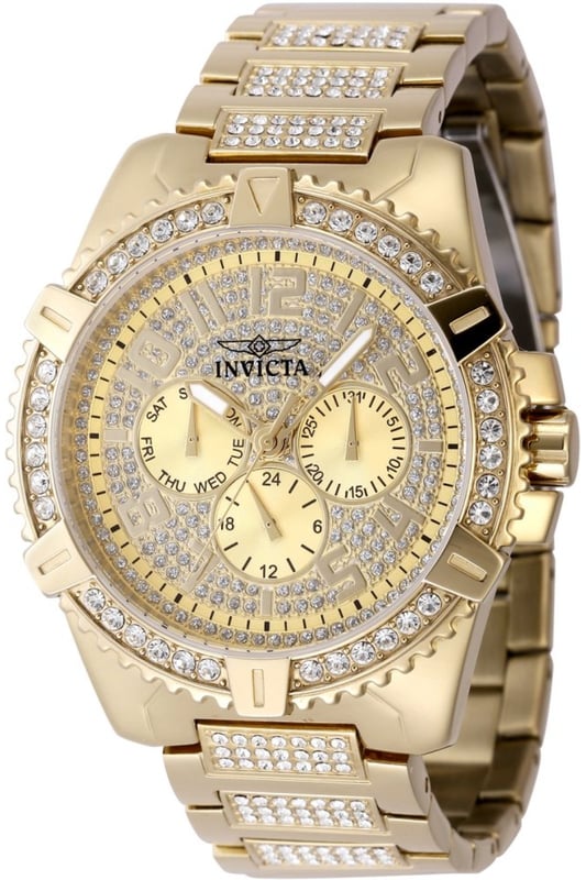 De Invicta 48561 heeft een roestvrijstalen horlogekast van 45 millimeter met een gouden wijzerplaat.
Dit model wordt aangedreven door een accuraat Quartz uurwerk.
5 bar waterdicht.
Dit model is onderdeel van de Invicta Celestial collectie.

Inclusief 2 jaar garantie.