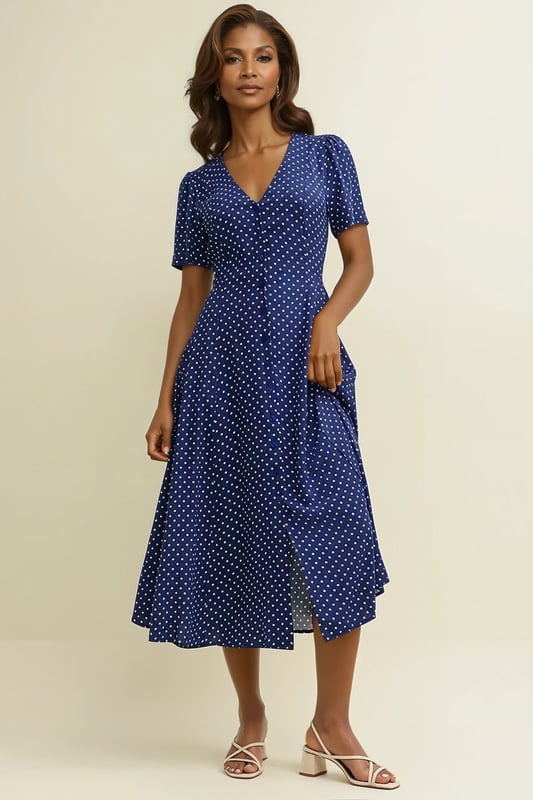 The Ellen tea dress is made entirely from responsible viscose that drapes like a dream. A little bit vintage-inspired. A navy polka dot print, swishy a-line cut and delicate line of buttons add to the look. Finish yours with gold necklaces.
 These are very slight seconds - does not affect wearability.

48-49" Shoulder to Hem.

As clearance stock they may not be in original packaging.