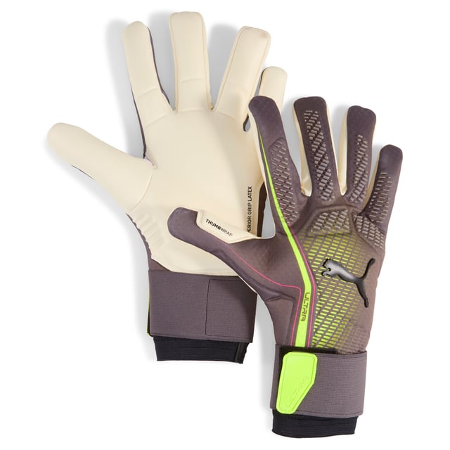 PUMA Unisex ULTRA ULTIMATE Hybrid Goalkeeper Gloves PRODUCT STORY: The ULTRA ULTIMATE Hybrid goalkeeper gloves are designed to meet the needs of the modern goalkeeper. They're constructed from a lightweight, elasticated material guaranteeing highest wearing comfort, an enhanced range of motion and zero distractions. DETAILS: 4mm superior grip latex palm: excellent grip in both wet and dry conditions; Hybrid cut: mix of inseam and gunn cut for maximum catching area and comfort; Silicone grip elements on finger & knuckles: additional grip, ball control and support while punching; Lightweight, elasticated material with perforations: comfort and enhanced range of motion; Thumb wrap: Extended latex palm for maximum catching area and comfort; Elasticated wrist with full length latex strap: for wrist support and a secure closure.