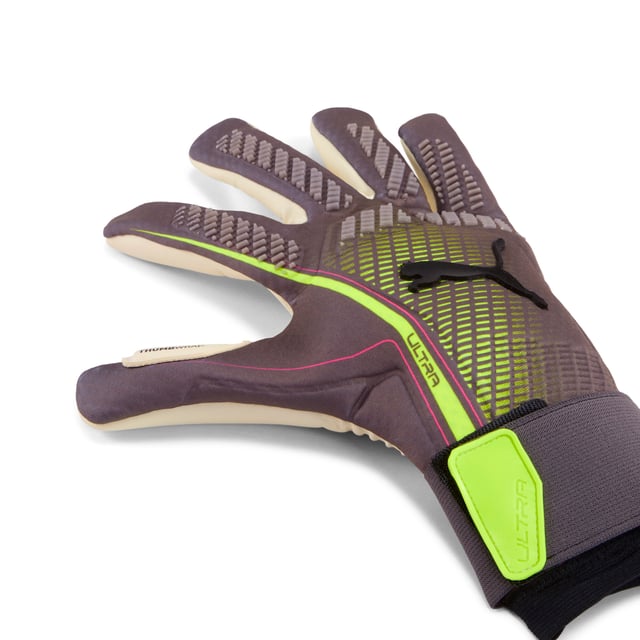 PUMA Unisex ULTRA ULTIMATE Hybrid Goalkeeper Gloves PRODUCT STORY: The ULTRA ULTIMATE Hybrid goalkeeper gloves are designed to meet the needs of the modern goalkeeper. They're constructed from a lightweight, elasticated material guaranteeing highest wearing comfort, an enhanced range of motion and zero distractions. DETAILS: 4mm superior grip latex palm: excellent grip in both wet and dry conditions; Hybrid cut: mix of inseam and gunn cut for maximum catching area and comfort; Silicone grip elements on finger & knuckles: additional grip, ball control and support while punching; Lightweight, elasticated material with perforations: comfort and enhanced range of motion; Thumb wrap: Extended latex palm for maximum catching area and comfort; Elasticated wrist with full length latex strap: for wrist support and a secure closure.