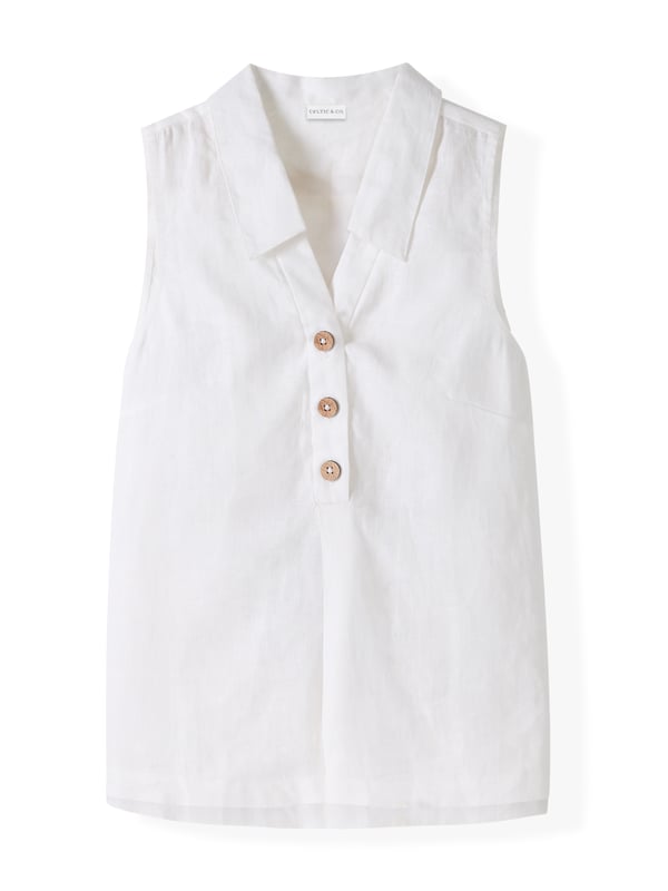 This woven sleeveless blouse features a polo collar with a V-neck and buttoned half placket. The box pleat detail at the front of the blouse adds fullness for a body-skimming, flattering silhouette. The coconut buttons and the stepped hem, complete the look. Crafted from crisp yarn-dyed linen, with a unique variegated look to the weave.