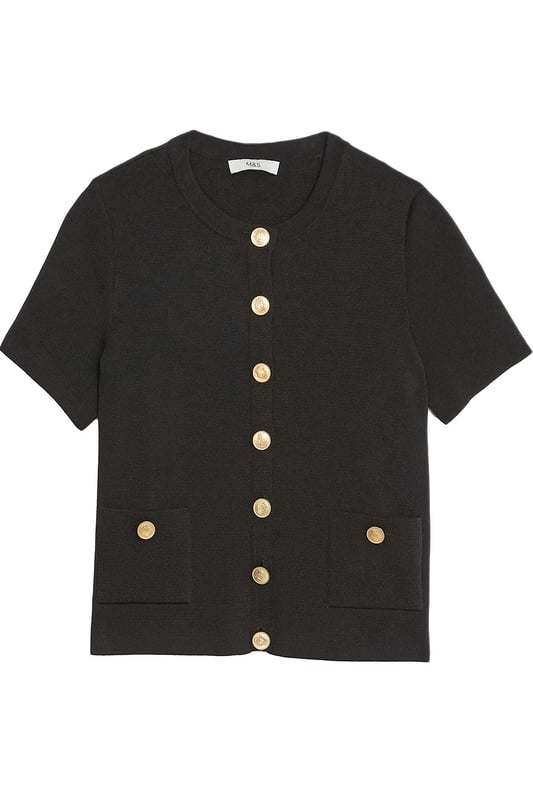 This short sleeve cardigan is crafted from a textured knit for a breezy feel, perfect for layering. Cut in a boxy fit, it features a crew neckline and a button-through front.

20" Shoulder to Hem.

As clearance stock, brand labels have been snipped.