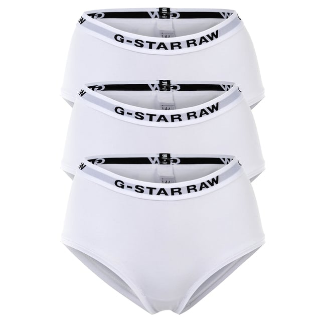 Einfarbige Damen Hipster von der Marke G-STAR im vorteilhaften 3er Pack. Slips für den Alltag mit Logo-Bund aus weicher Stretch-Baumwolle.