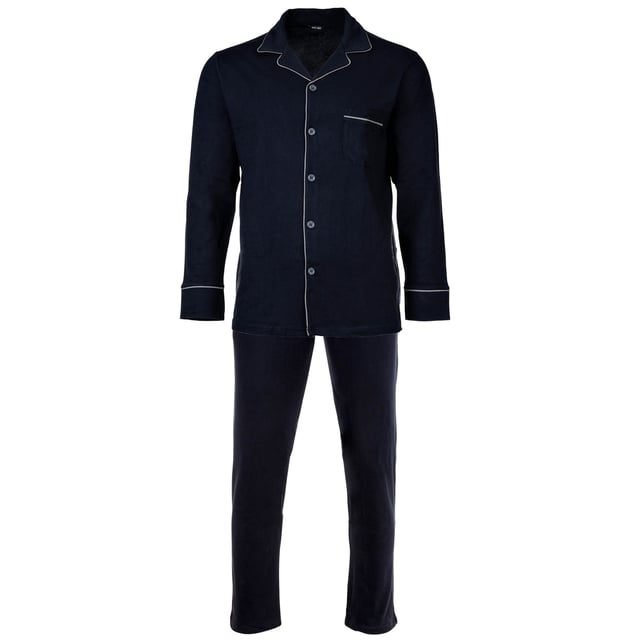 Langer, einfarbiger Pyjama für Herren von der Marke HOM. Oberteil im Hemdenstil und lange Hose mit Kordelzug. Angenehmes Tragegefühl dank reiner Baumwolle.